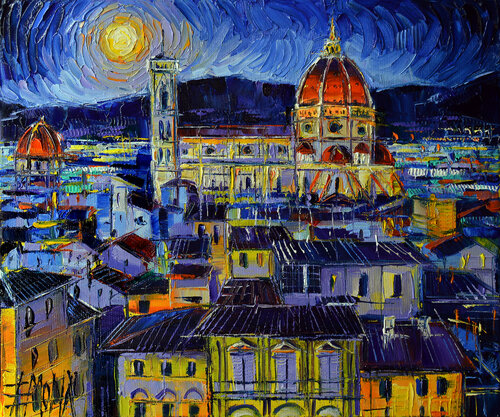 FLORENCE ROOFTOPS AND DUOMO NIGHT VIEW di Mona Edulesco, Pittura in vendita su Singulart
