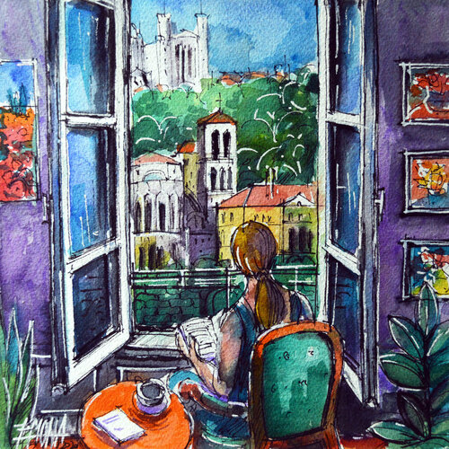 READING BY THE WINDOW di Mona Edulesco, Opera su carta in vendita su Singulart