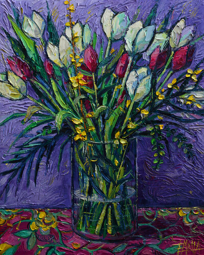 TULIPS AND FORSYTHIA di Mona Edulesco, Pittura in vendita su Singulart