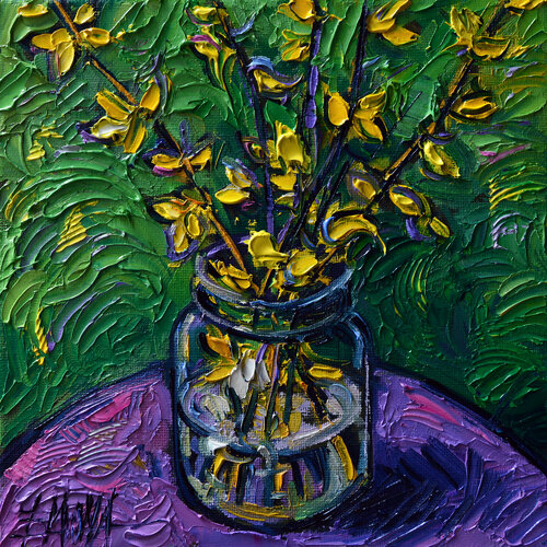 FORSYTHIA IN A GLASS JAR di Mona Edulesco, Pittura in vendita su Singulart