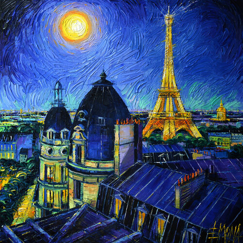 PARIS ROOFTOPS IN MOONLIGHT di Mona Edulesco, Pittura in vendita su Singulart