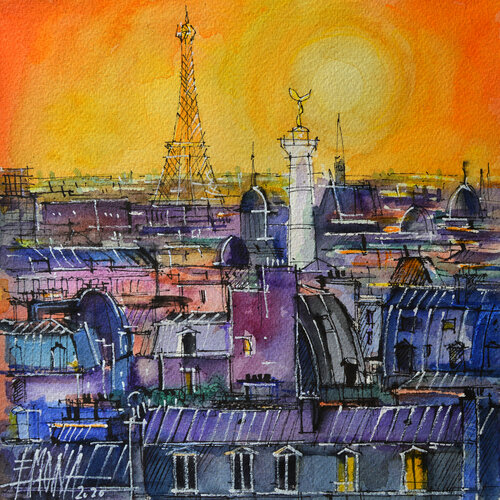 PARIS ROOFTOPS IN SUNLIGHT watercolor painting Mona Edulesco di Mona Edulesco, Opera su carta in vendita su Singulart