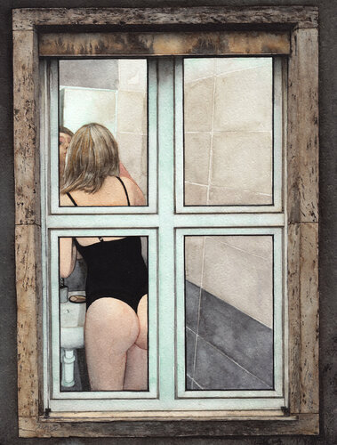 Through the Window - Nude in Bathroom III by Reme Junior, Work on Paper for Sale on Singulart