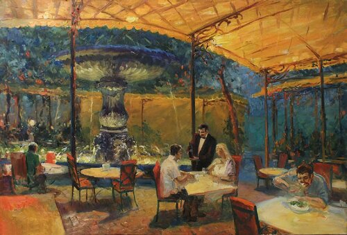 Dinner by the light of lanterns di Artem Brazhnik, Pittura in vendita su Singulart