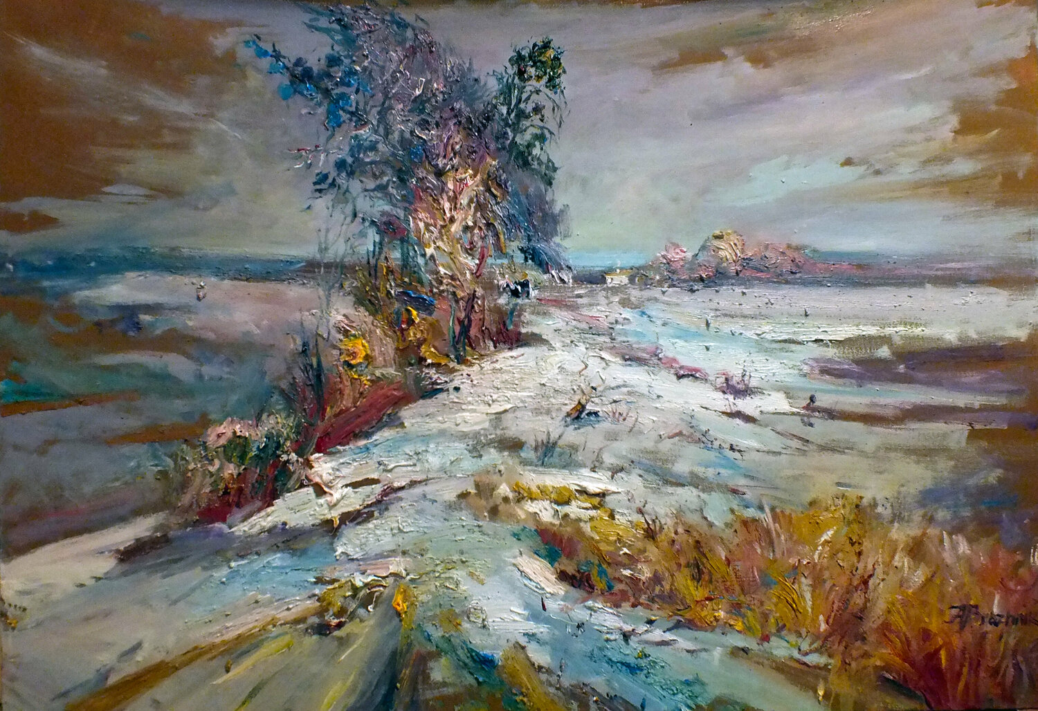 Winter in the Village Artem Brazhnik Origineel schilderij te koop