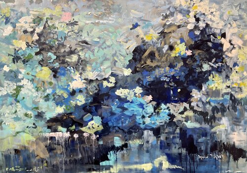 Gold petals over the pond van Marie Manon Corbeil, Schilderij te koop op Singulart