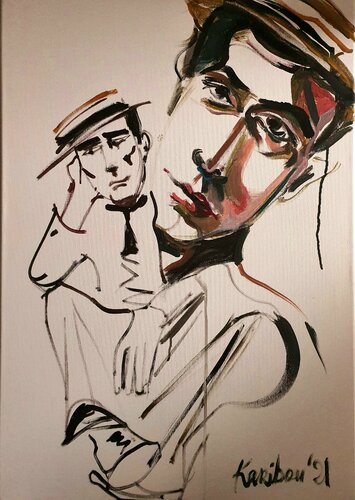 A sitting man. Portrait homage of Buster Keaton male portrait à la Manet di Karibou, Pittura in vendita su Singulart