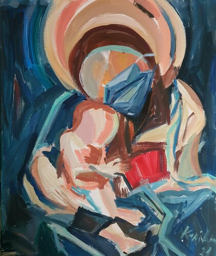 abstract female portrait madonna in a masque with Jesus child di Karibou, Pittura in vendita su Singulart