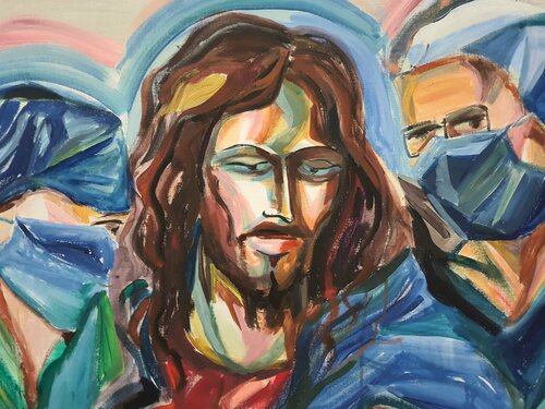 Medical practitioner physicians in masks and Jesus von Karibou, Druck kaufen auf Singulart