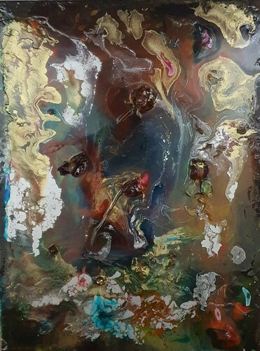 Abstract sea and landscape Kunsthatz pouring art with gold elements de Karibou, Otros medios a la venta en Singulart