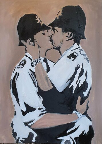 Kissing coppers à la BANKSY.  Caricature comics graffiiti street art. di Karibou, Pittura in vendita su Singulart