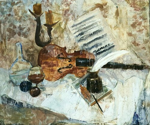 Stillleben mit Geige, Feder und Krug. Nature morte. von Karibou, Malerei kaufen auf Singulart