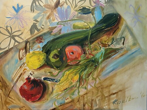Sommer.  Stillleben mit Granatapfel Mais und Früchten. Nature morte. by Karibou, 油畫 for Sale on Singulart