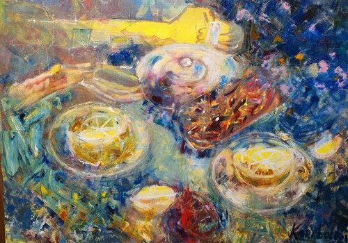 Stillleben am dunklen Abend mit Datteln Zitrone Teekanne Teetassen und Granatapfel. Nature morte. Palette knife painting. von Karibou, Malerei kaufen auf Singulart
