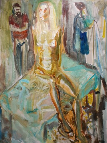 A woman sitting in atelier SEMI ABSTRACT von Karibou, Malerei kaufen auf Singulart