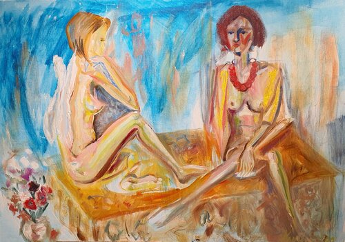 Two women. One angel and flowers. Karibou