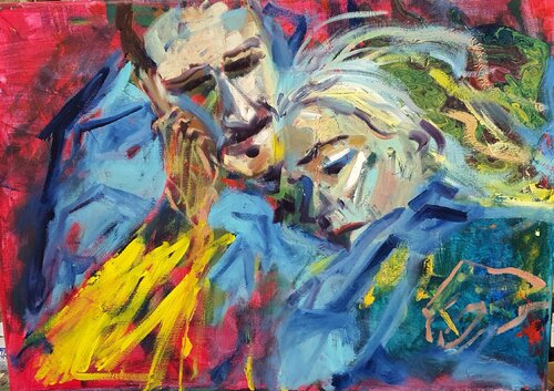 Blue. Yellow. Standing with Ukraine in  the manner of Egon Schile di Karibou, Pittura in vendita su Singulart