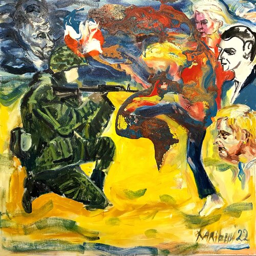 Putin  - satan. Zelensky. Ukraine und EU. Macron, Ursula von der Leyen, Boris Johnson van Karibou, Schilderij te koop op Singulart