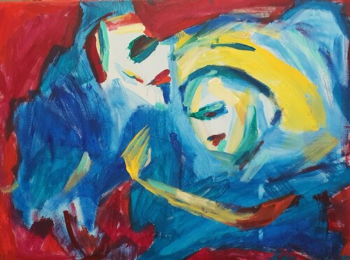 Blue. Yellow. Red. Standing with Ukraine in  the manner of Max Beckmann. von Karibou, Malerei kaufen auf Singulart