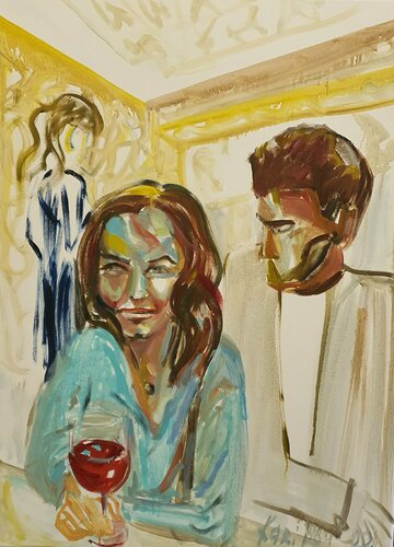 Holiday. A COUPLE in Cafe SEMI ABSTRACT PAINTING BY KARIBOU von Karibou, Malerei kaufen auf Singulart