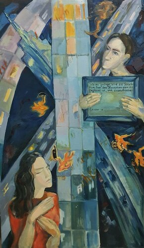 New York. Frankfurt. Metropolis. Caricature by karibou. de Karibou, Pintura a la venta en Singulart