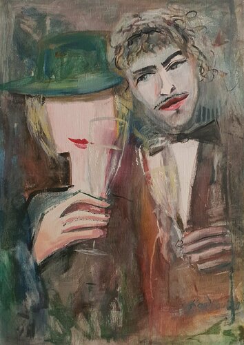 A COUPLE with a champagne SEMI ABSTRACT PAINTING BY KARIBOU di Karibou, Pittura in vendita su Singulart