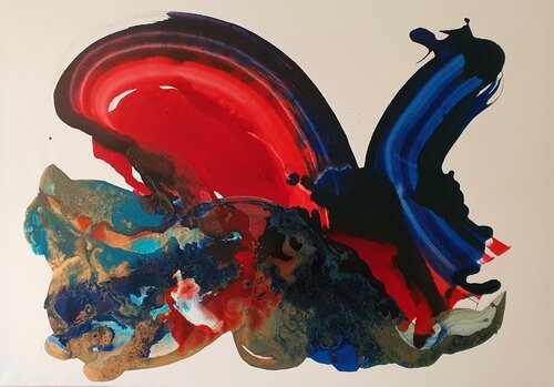 Red. Blue. Gold. In the manner of Pierre Soulages. di Karibou, Pittura in vendita su Singulart