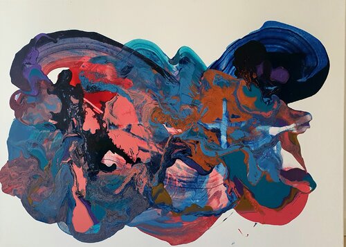 Red. Orange. Blue. Gold. Autumn in the manner of Pierre Soulages. di Karibou, Pittura in vendita su Singulart