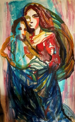 female portrait madonna with Jesus child de Karibou, Pintura a la venta en Singulart