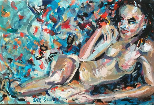 A woman reclining nude nue Nude di Karibou, Pittura in vendita su Singulart