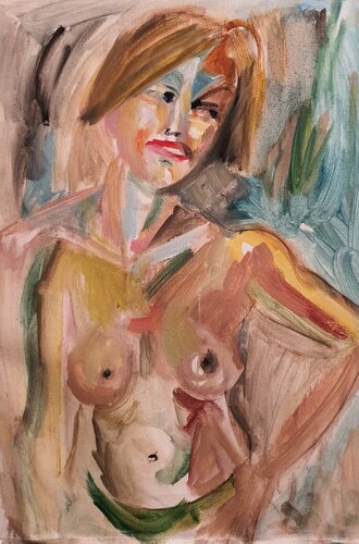 A WOMAN ABSTRACT FEMALE NAKED AKT WITH A TOWEL ON STRETCHED CANVAS READY TO HANG BY KARIBOU van Karibou, Schilderij te koop op Singulart