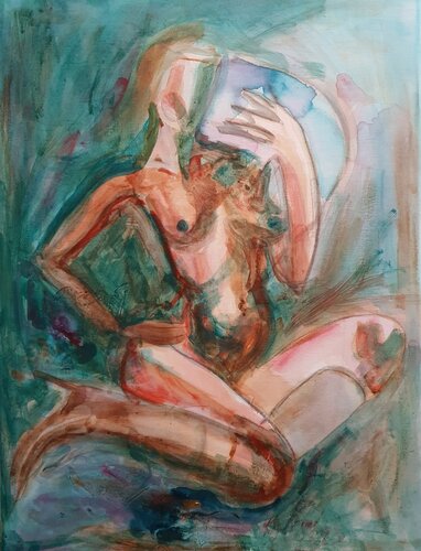 A woman sitting in boots. de Karibou, Pintura a la venta en Singulart