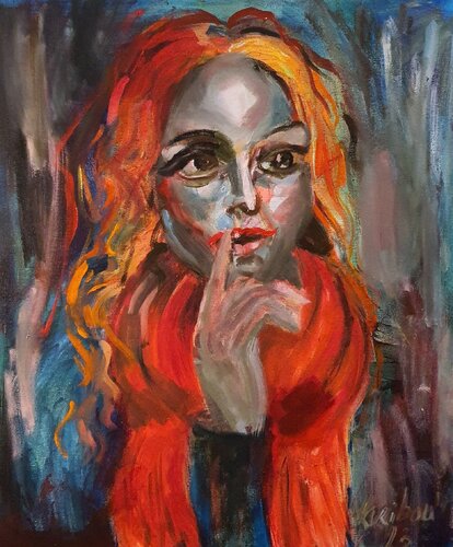 Red scarf and orange hair. par Karibou, Peinture en vente sur Singulart
