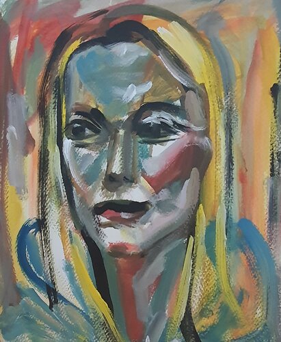 Yellow red portrait of a WOMAN.  Deeply human. van Karibou, Schilderij te koop op Singulart
