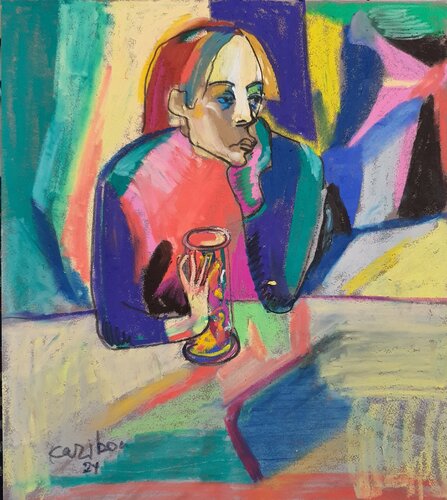 Le bock oder portrait of a Poet Sabartes inspiriert von Picasso. Deeply human di Karibou, Pittura in vendita su Singulart