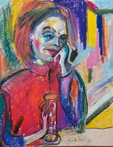 Yellow blue red portrait with a jar von Karibou, Malerei kaufen auf Singulart