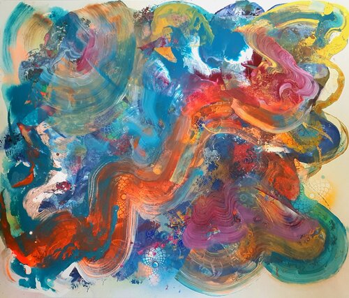 Kreislauf der Zeit. Fluoreszenz am Tag. Tagesleuchtfarbe. In Manier von David Hockney di Karibou, Pittura in vendita su Singulart