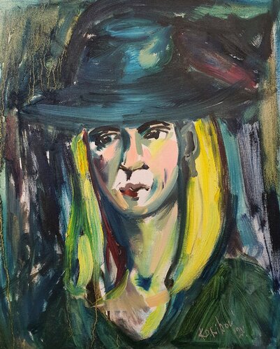 Portrait of a WOMAN with a blue hat de Karibou, Pintura a la venta en Singulart