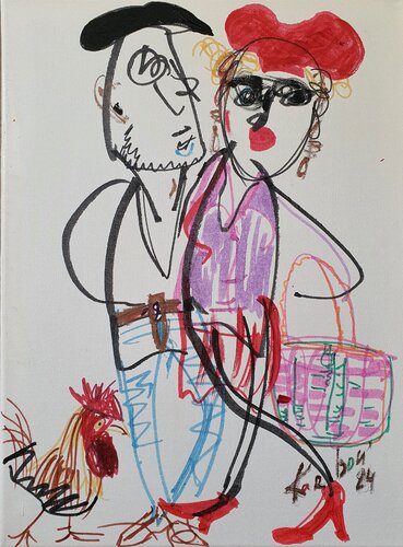 Cocorico. Ein paar mit Hahn. Comics di Karibou, Pittura in vendita su Singulart