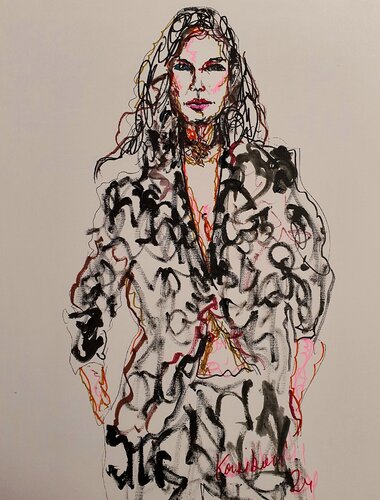 Ein fröhliches Portrait einer Frau vamp im schwarzen Anzug. von Karibou, Malerei kaufen auf Singulart
