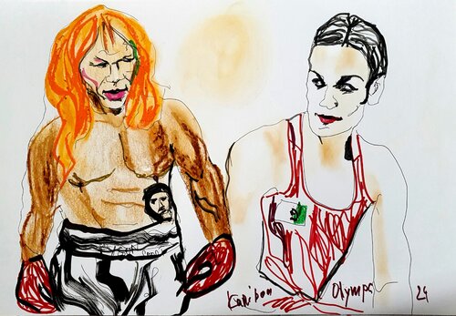 Olympia. Mike Tyson. Imane Khelif. Boxer. Karikatur by Karibou, 소묘 for Sale on Singulart