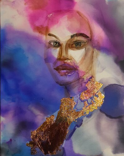 Blue, rosa, lila, red abstract portrait van Karibou, Schilderij te koop op Singulart