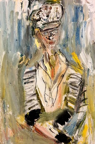 Blue white portrait of a WOMAN in a hat. Deeply human van Karibou, Schilderij te koop op Singulart