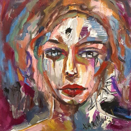 A portrait of a woman on lila. Deeply human. di Karibou, Pittura in vendita su Singulart