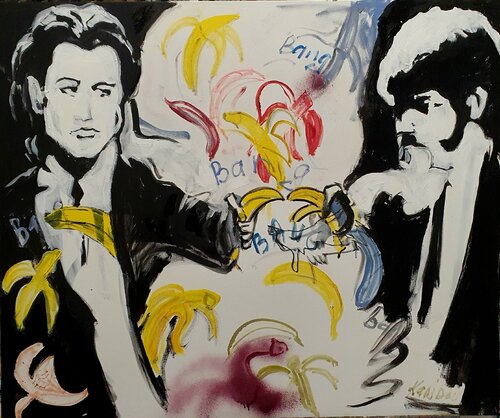 Pulp fiction. Maurizio and John Travolta Tanz mit Bananen. In the manner of Banksy van Karibou, Schilderij te koop op Singulart