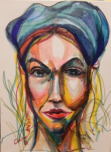 ein Frauen Portrait mit einem Barett. Inspired by David Hockney di Karibou, Pittura in vendita su Singulart