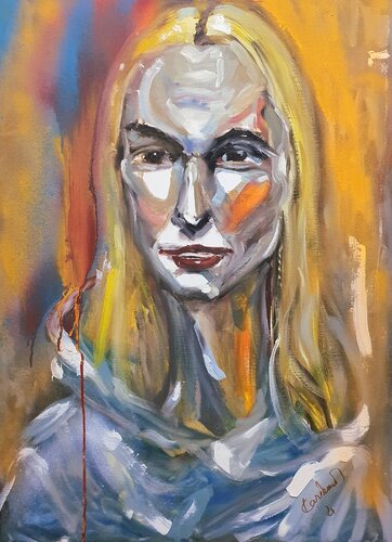 Janina. Portrait of a WOMAN in Orange beige di Karibou, Pittura in vendita su Singulart