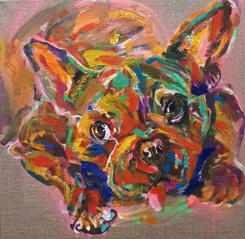 Bulldogge français. Hund auf Leinen von Karibou, Malerei kaufen auf Singulart