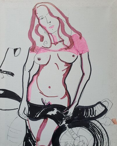 A woman reclining nude nue à motorcycle. Pop art by karibou van Karibou, Schilderij te koop op Singulart