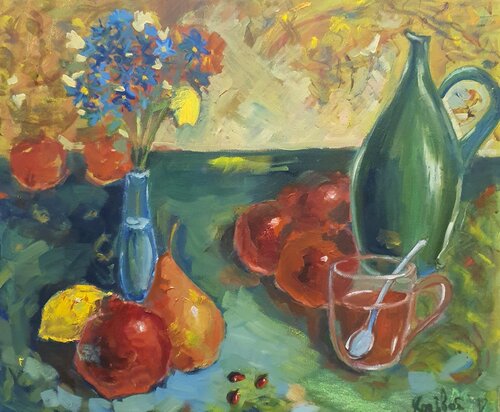 Stillleben mit Obst und Vase. Nature morte. di Karibou, Pittura in vendita su Singulart